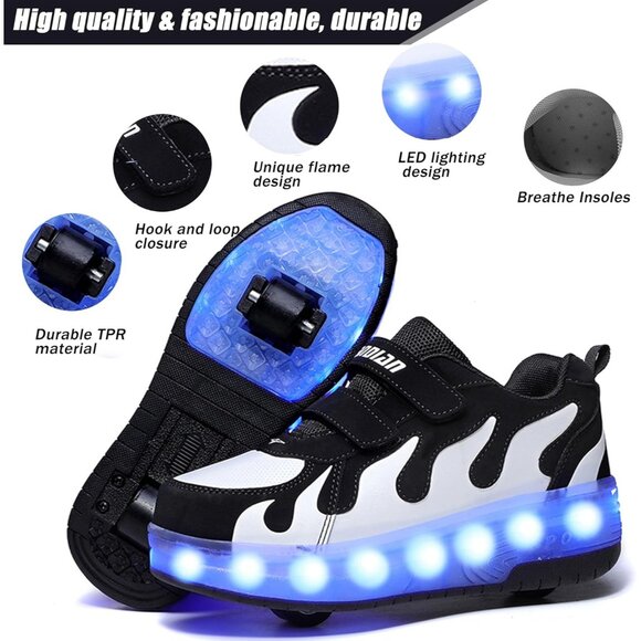 Kids Black/white Usb Chargeable Led Light Up Wheeled Skate Sneaker Shoes - Picture 4 of 6